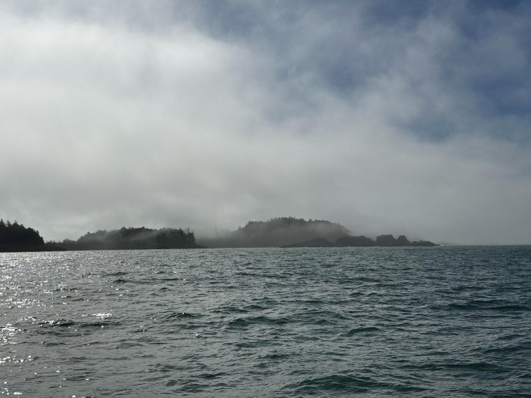 First sight of land through the clearing fog